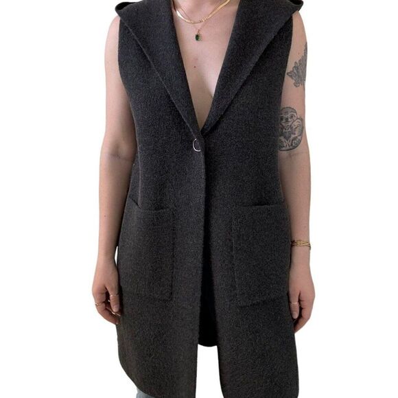 Womens Charcoal Gray Wool Blend Hooded Long Hippie Vest Jacket Sz M - Picture 8 of 8